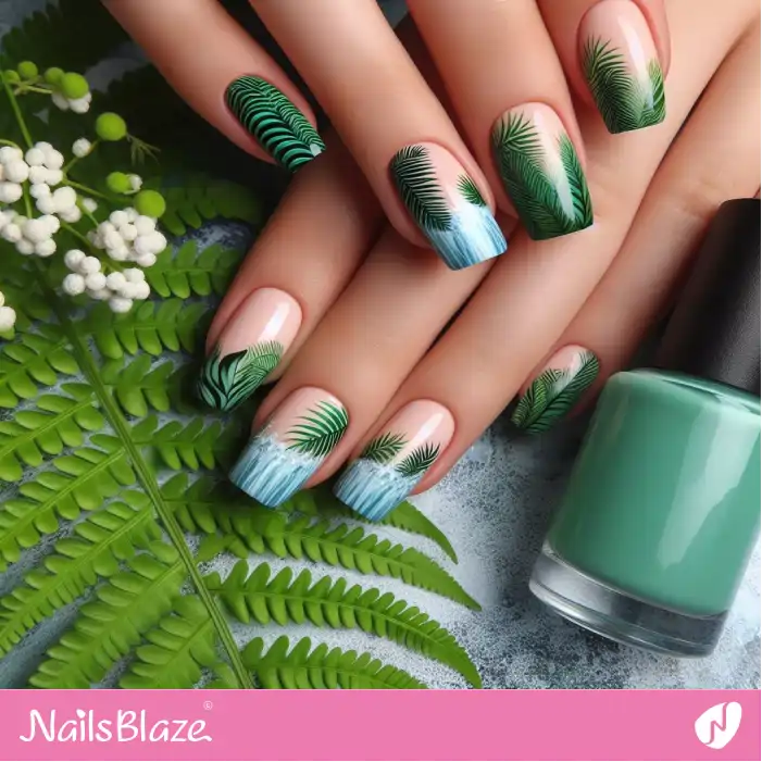 Tropical Fern Leaves and Waterfall Nails | Nature-inspired Nails - NB1560